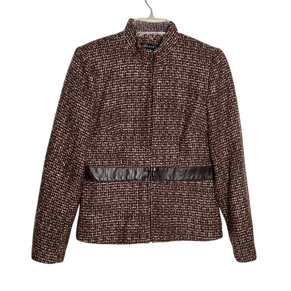 Spenser Jeremy Tweed Jacket Women S Brown Leather Trim Wool Blend Professional